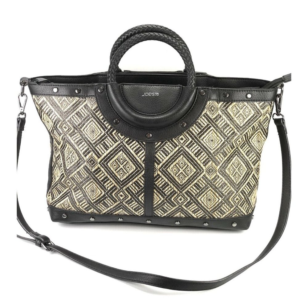 Joe’s Jeans Shoulder Tote Bag Woven Pattern Purse Black Tan